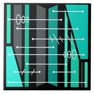 Atomic Abstract Geometric Art Black Turquoise Ceramic Tile