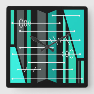 Atomic Abstract Geometric Art Black Turquoise Square Wall Clock