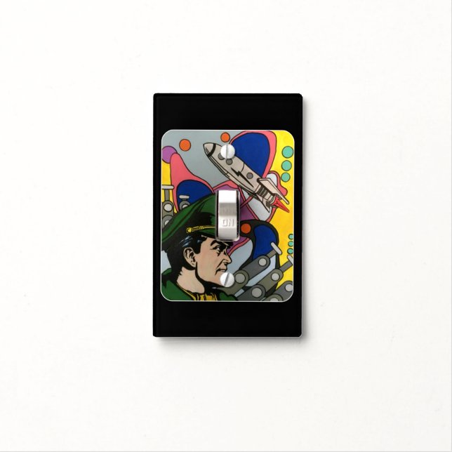 Atomic Abstract the Rocket Captain painting on a Light Switch Cover (In Situ)