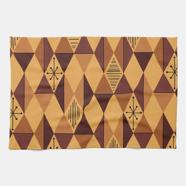 Atomic Age Art Diamonds Ochre Maroon Kitchen Towel (Horizontal)