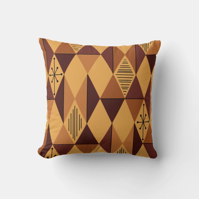 Atomic Age Art Diamonds Ochre Maroon Throw Pillow (Front)