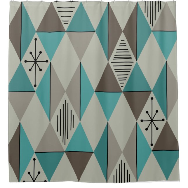 Atomic Age Art Diamonds Turquoise Gray Shower Curtain (Front)