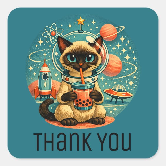 Atomic Age Boba Siamese Astronaut Cat Thank You Square Sticker (Front)