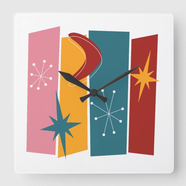 Atomic Age Boomerang Starburst Rectangles MCM Square Wall Clock (Front)