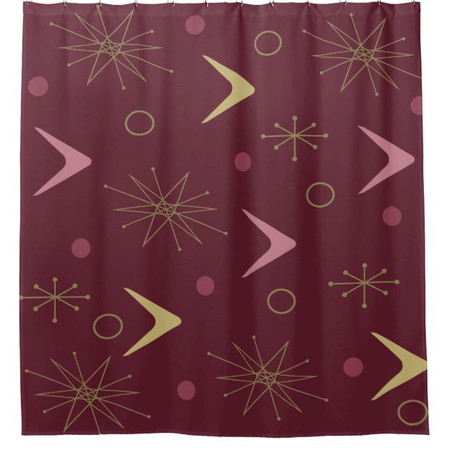 Atomic Age Boomerangs Starbursts Dark Red Gold Shower Curtain (Front)