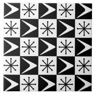 Atomic Age Checkered Boomerangs Black White Ceramic Tile