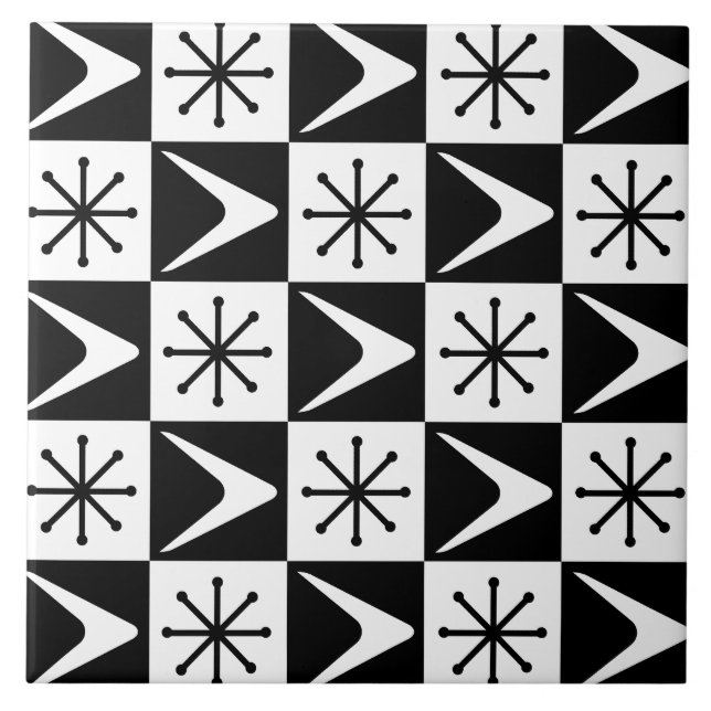 Atomic Age Checkered Boomerangs Black White Ceramic Tile (Front)