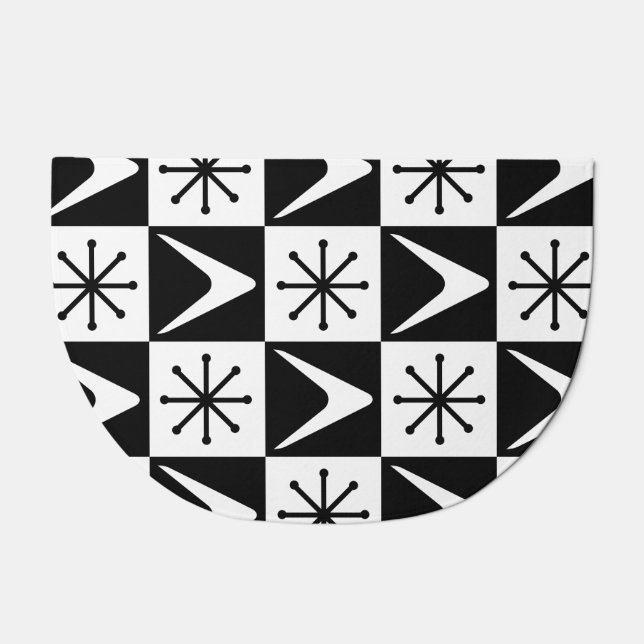 Atomic Age Checkered Boomerangs Black White Doormat (Front)