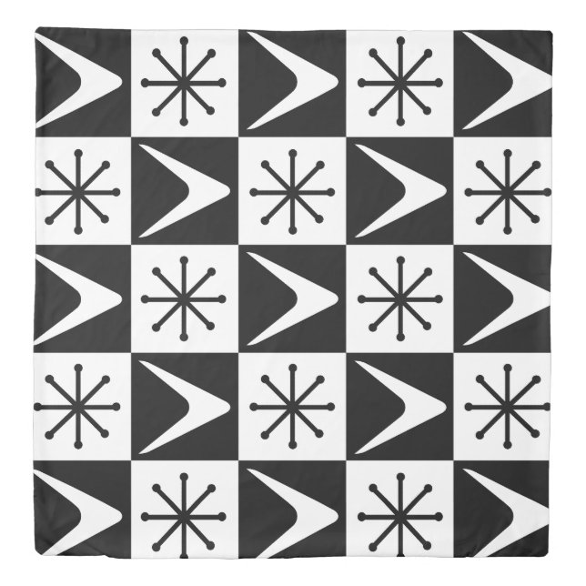 Atomic Age Checkered Boomerangs Black White Duvet Cover (Front)