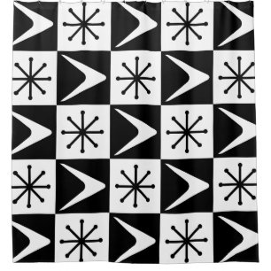 Atomic Age Checkered Boomerangs Black White Shower Curtain