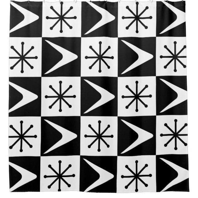 Atomic Age Checkered Boomerangs Black White Shower Curtain (Front)