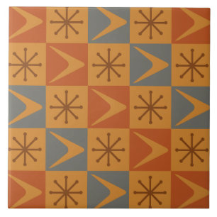 Atomic Age Checkered Boomerangs Burnt Orange Ceramic Tile