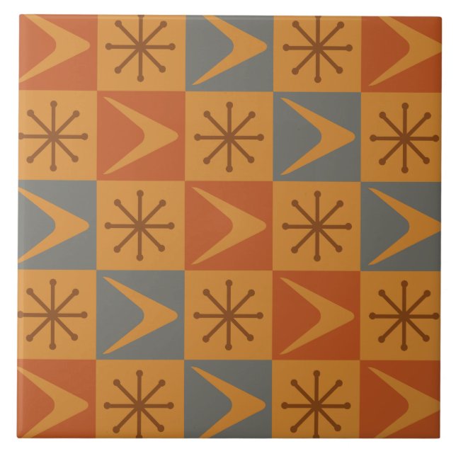 Atomic Age Checkered Boomerangs Burnt Orange Ceramic Tile (Front)