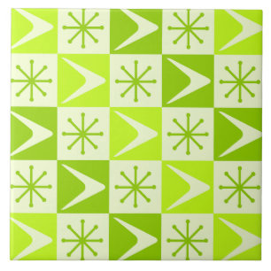 Atomic Age Checkered Boomerangs Chartreuse Ceramic Tile