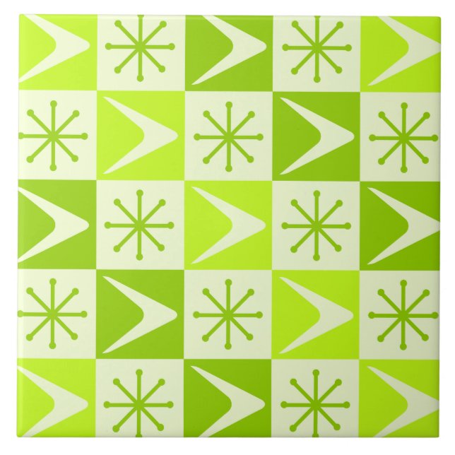 Atomic Age Checkered Boomerangs Chartreuse Ceramic Tile (Front)