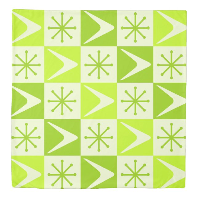 Atomic Age Checkered Boomerangs Chartreuse Duvet Cover (Front)