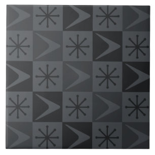 Atomic Age Checkered Boomerangs Gray Ceramic Tile