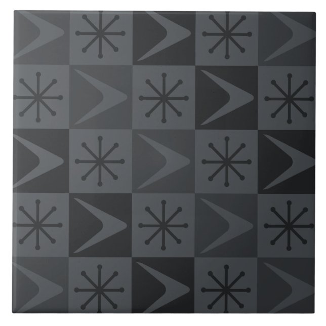Atomic Age Checkered Boomerangs Gray Ceramic Tile (Front)