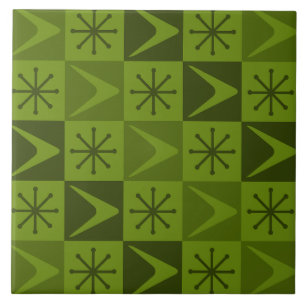 Atomic Age Checkered Boomerangs Olive Ceramic Tile