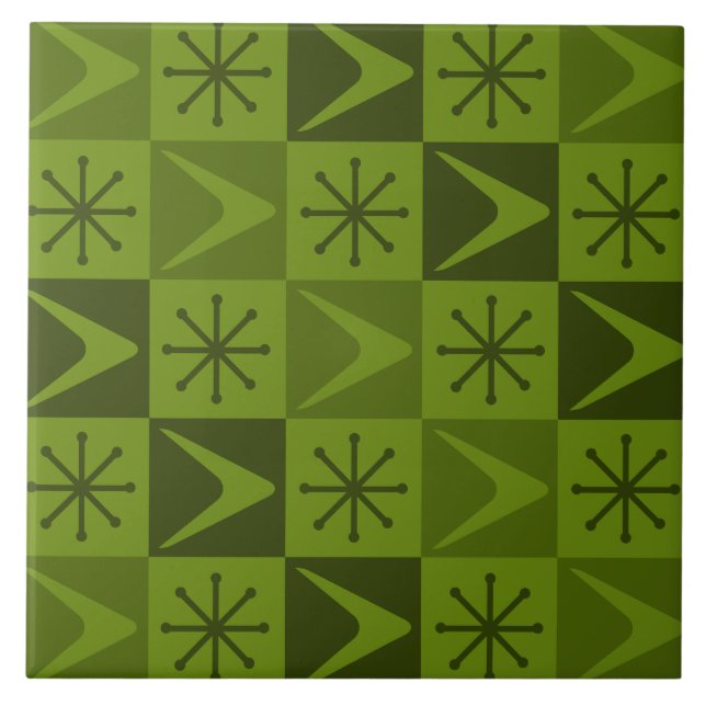 Atomic Age Checkered Boomerangs Olive Ceramic Tile (Front)