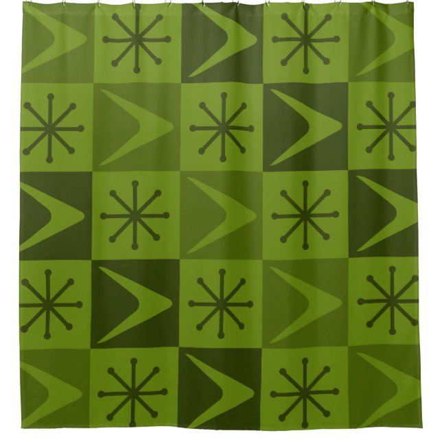 Atomic Age Checkered Boomerangs Olive Shower Curtain (Front)