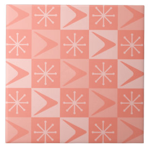 Atomic Age Checkered Boomerangs Peach Ceramic Tile
