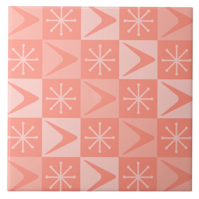 Atomic Age Checkered Boomerangs Peach Ceramic Tile (Front)