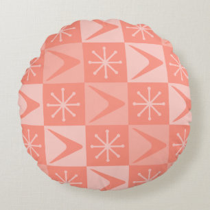 Atomic Age Checkered Boomerangs Peach Round Pillow