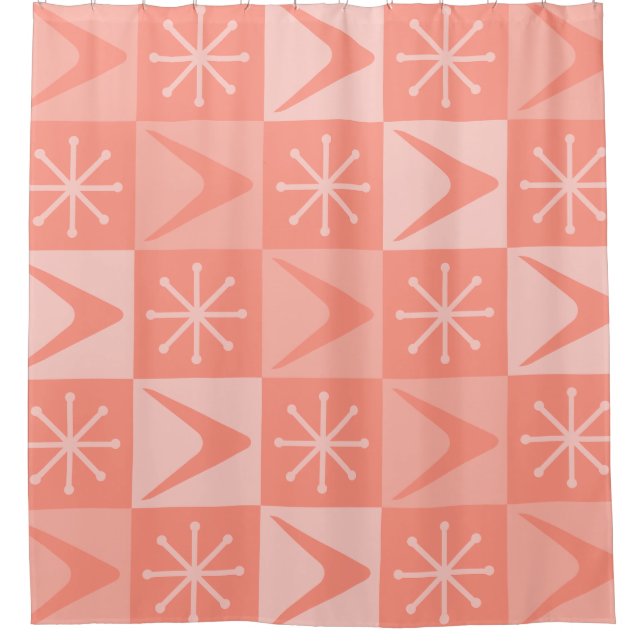 Atomic Age Checkered Boomerangs Peach Shower Curtain (Front)