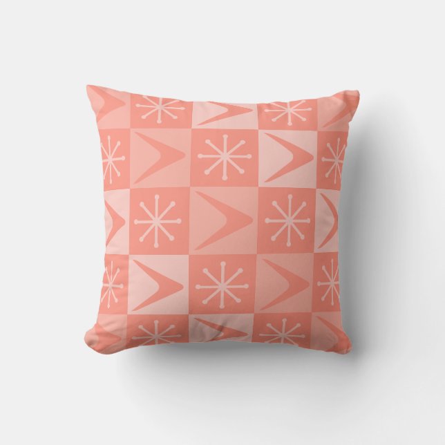 Atomic Age Checkered Boomerangs Peach Throw Pillow (Front)