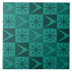 Atomic Age Checkered Boomerangs Teal Ceramic Tile