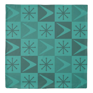 Atomic Age Checkered Boomerangs Teal Duvet Cover