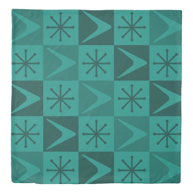 Atomic Age Checkered Boomerangs Teal Duvet Cover (Front)