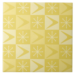 Atomic Age Checkered Boomerangs Yellow Ceramic Tile
