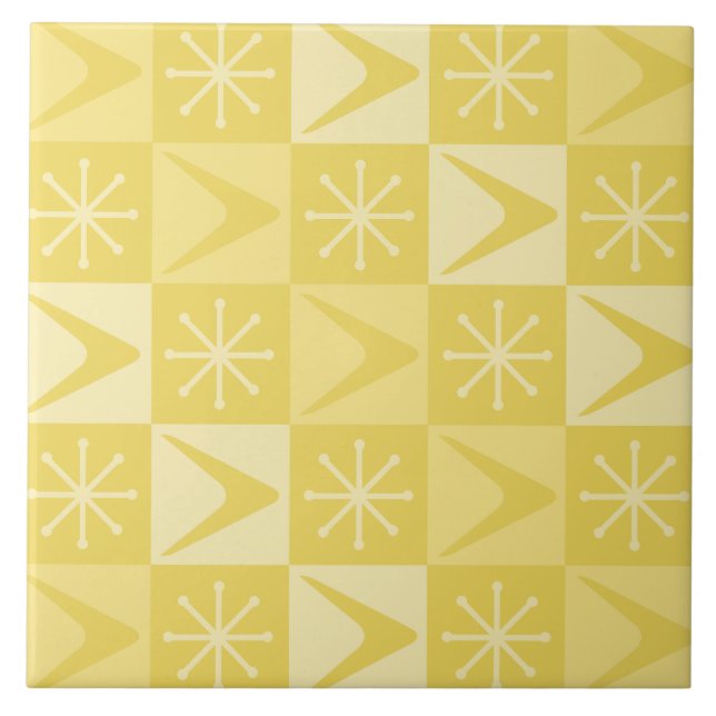 Atomic Age Checkered Boomerangs Yellow Ceramic Tile (Front)