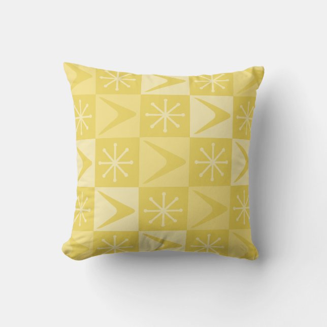 Atomic Age Checkered Boomerangs Yellow Throw Pillow (Front)