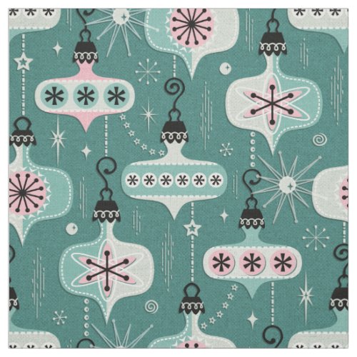 Atomic Age Christmas Ornaments Teal  studioxtine Fabric