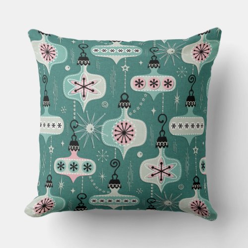 Atomic Age Christmas Ornaments Teal studioxtine Throw Pillow