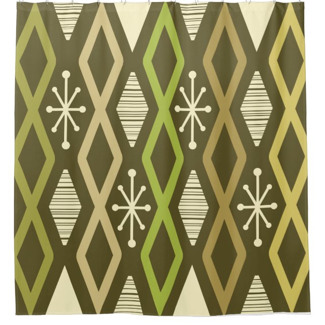 Atomic Age Diamond Columns Olive Green Shower Curtain (Front)