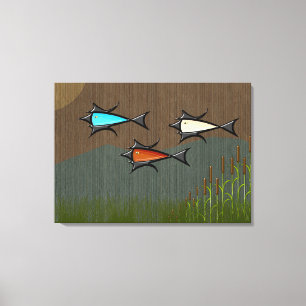Atomic Age Flying Fish, Cattails on Woven Raffia Canvas Print