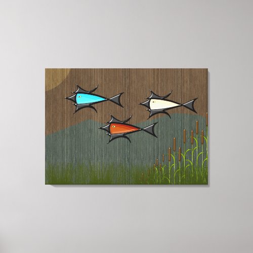 Atomic Age Flying Fish Cattails on Woven Raffia Canvas Print