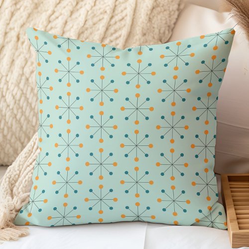 Atomic Age MCM Pattern Aqua Orange Turquoise Throw Pillow