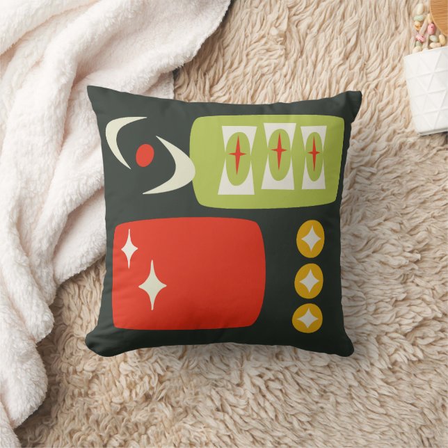 Atomic Age MCM Pattern in Black, Red, Green Throw Pillow (Blanket)
