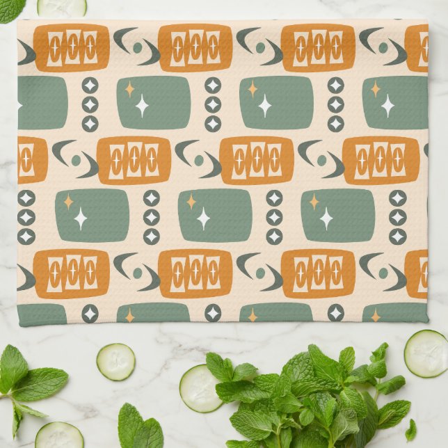 Atomic Age MCM Pattern in Green, Orange, Cream Kitchen Towel (Folded)