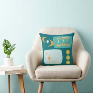 Atomic Age MCM Pattern in Teal, Aqua, Orange Throw Pillow