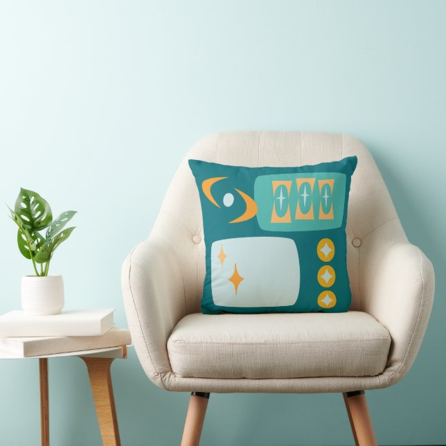 Atomic Age MCM Pattern in Teal, Aqua, Orange Throw Pillow (Chair)