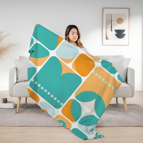 Atomic Age Mid Century Abstract Teal Aqua Orange Fleece Blanket