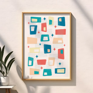 Atomic Age Mid Century Modern Blocks Blue Peach Poster