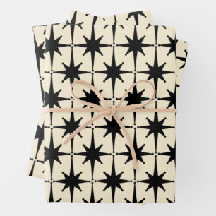 Atomic Age Mid Century Starbursts Black and Cream Wrapping Paper Sheets