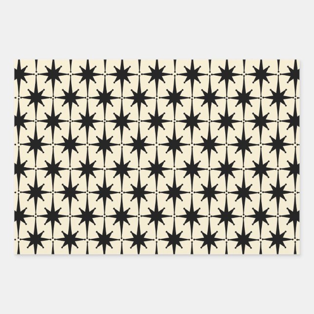 Atomic Age Mid Century Starbursts Black & Cream Wrapping Paper Sheets (Front)